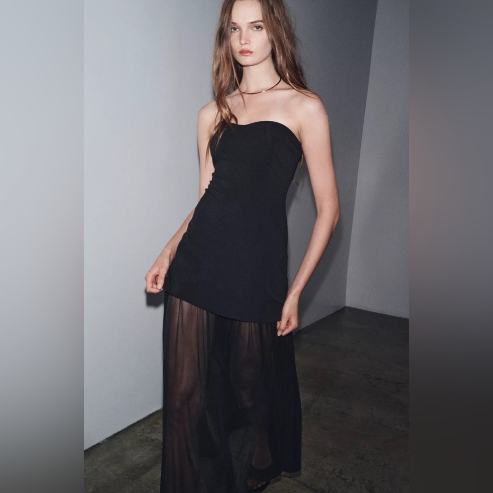 Zara NWT Black Mesh Sheer Combination Strapless Dress (Size Small) - Picture 2 of 5